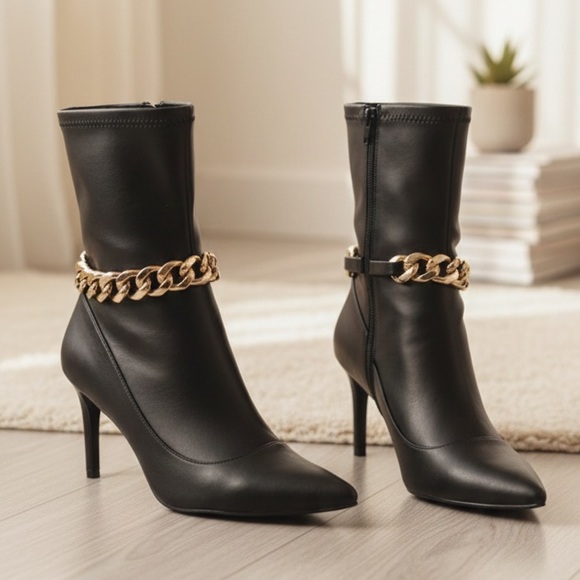 Shoe Dazzle Shoes - • The Minimalist: Black Pointed Toe Sock Boots with Gold Chain Accents
